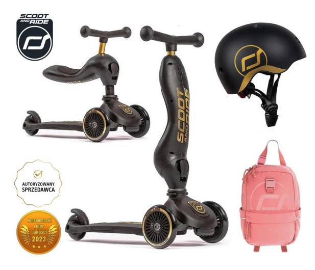 Scoot & Ride Highwaykick 1 jeździk i hulajnoga 2w1+kask S-M Gold+Plecak - 1241487 - zdjęcie 2